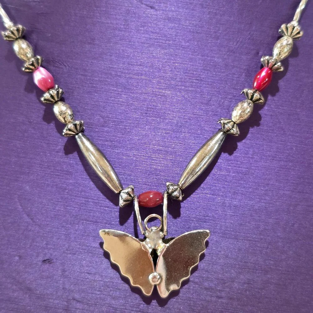 1980's Soutwestern Handmade MOP Butterfly Pendant Pink Silver Beaded Necklace